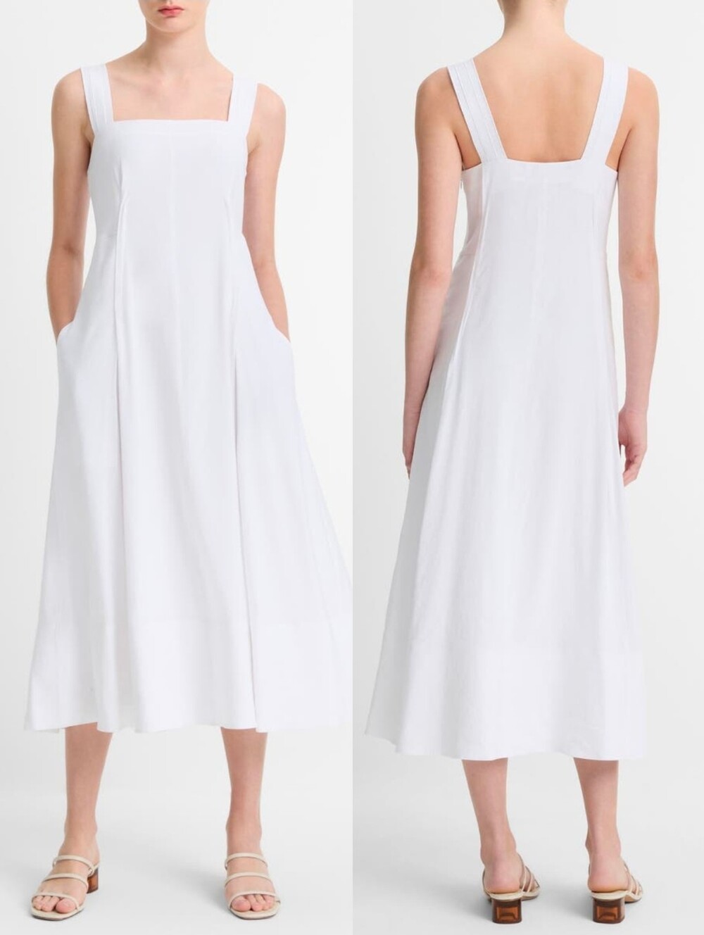 NWT VINCE White Square Neck Linen Blend Sleeveless Clean Minimalist Midi Dress
